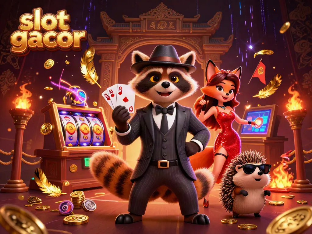Visualisasi slot gacor dengan karakter kartun 3D, gentleman rakun dengan kartu royal flush, dan banyak elemen kasino menarik.
