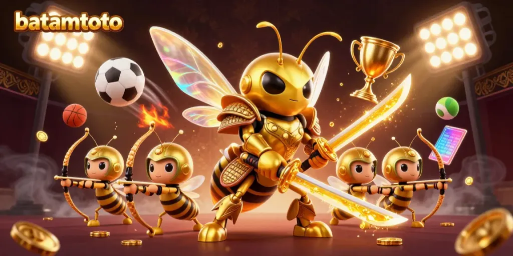 Engage in thrilling gameplay with batamtoto, featuring a dynamic golden hornet samurai leading a vibrant squad amid sports elements.