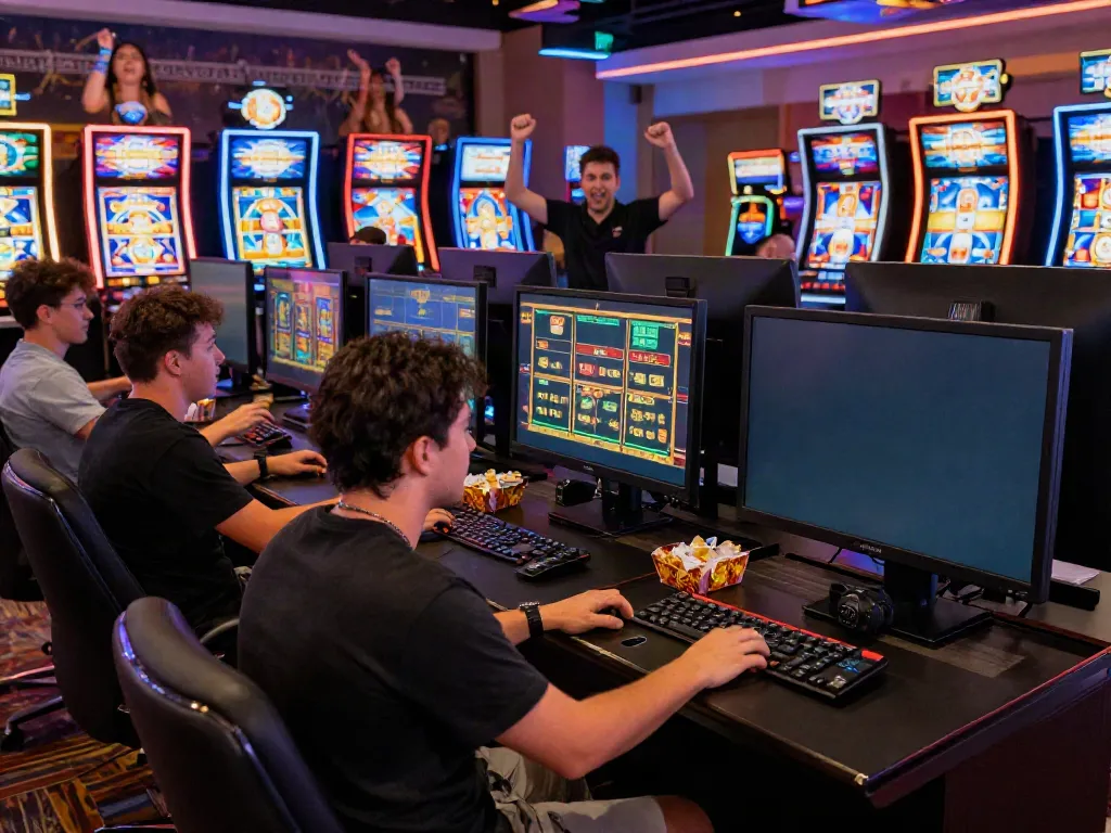 Akunjp online casino scene showcasing players enjoying vibrant slot games.