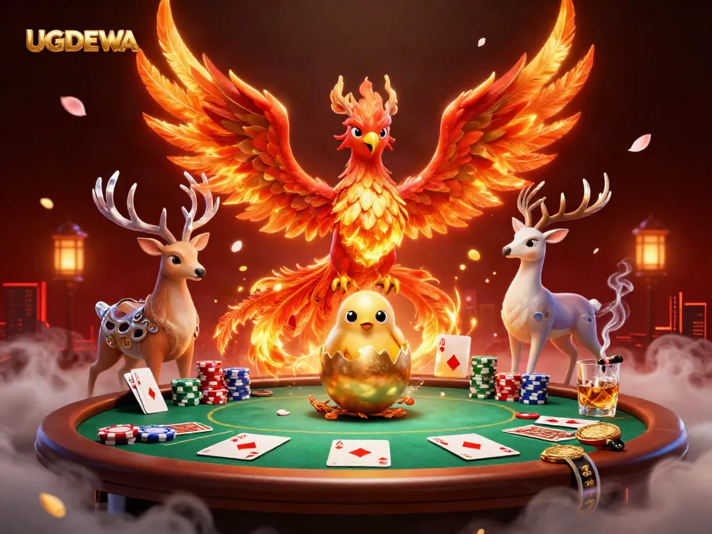 Experience the excitement of UGDEWA with vibrant phoenix characters soaring above a dynamic poker scene.