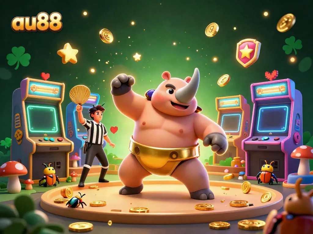 Join the fun at au88 as the cartoon rhinoceros beetle champion stomps coins amidst vibrant gaming elements.