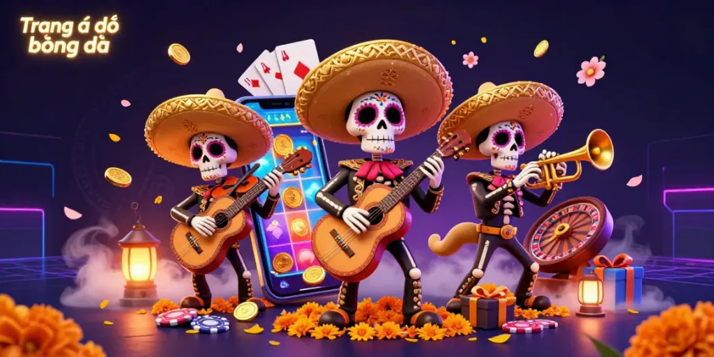 Engage with Trang cá độ bóng đá through a vibrant 3D illustration of a mariachi band amidst gaming elements.