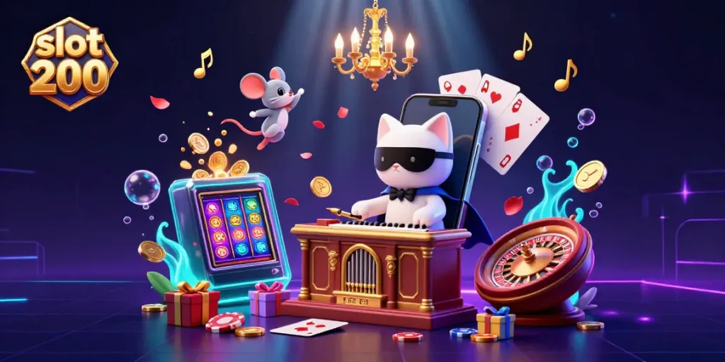 Experience the excitement of slot 200 with vibrant casino elements, colorful games, and animated characters.