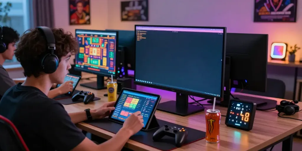 Toto togel players strategizing online with devices, showcasing vibrant gaming atmosphere.