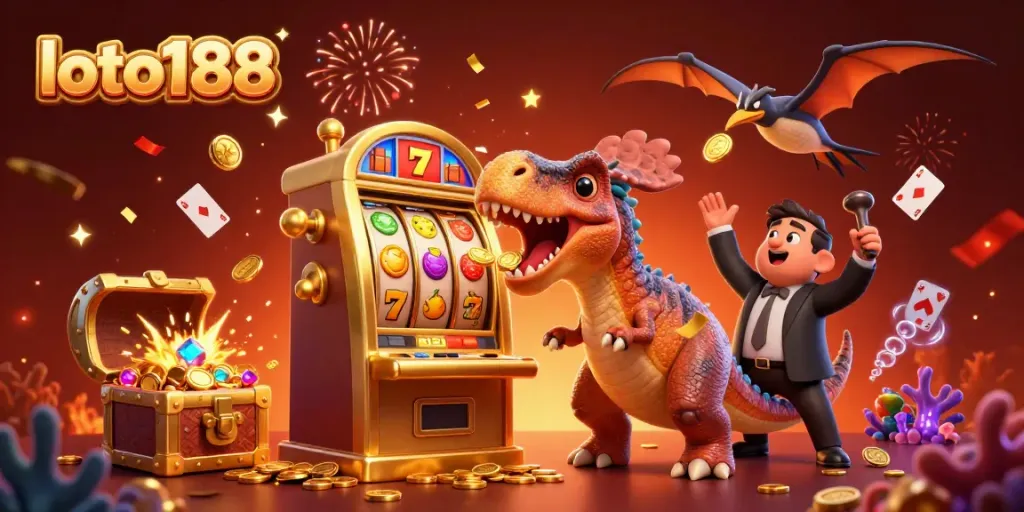 Witness loto188 action as a pachycephalosaurus wins a jackpot at a golden slot machine, capturing excitement.