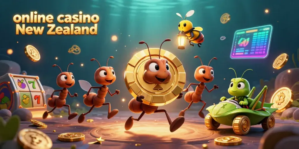 Engaging scene of a 3D ant team with a giant poker chip in an online casino New Zealand setting.