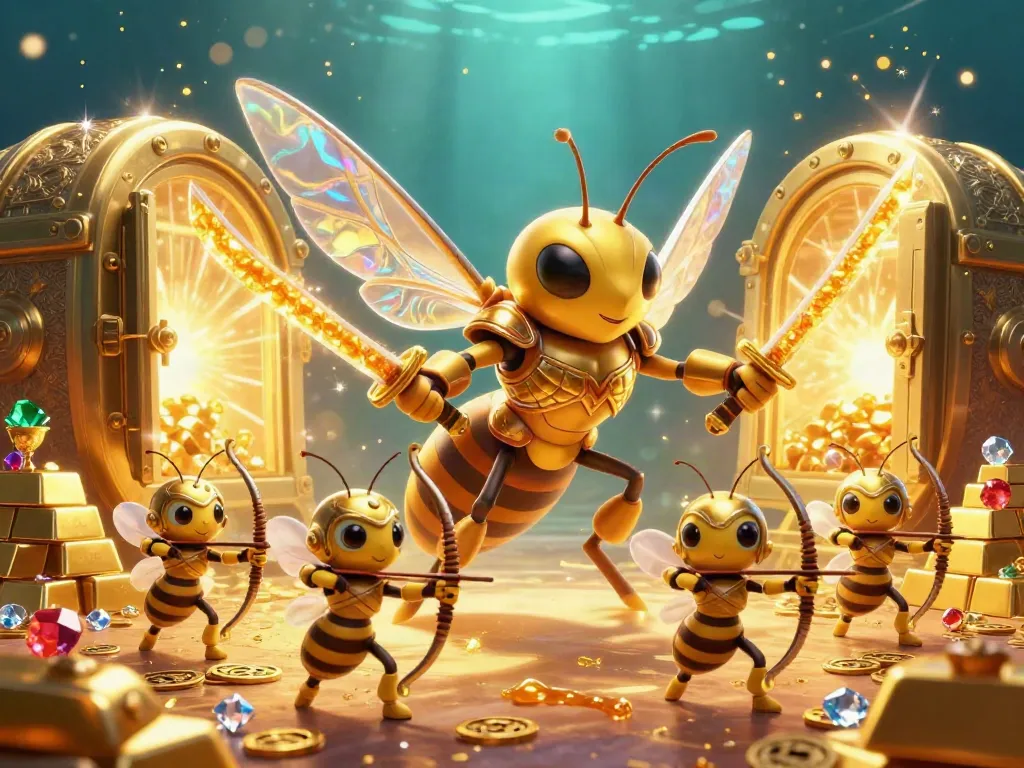 Situs toto showcases a dynamic 3D scene of cartoon hornet heroes in an enchanted treasure vault brimming with riches.
