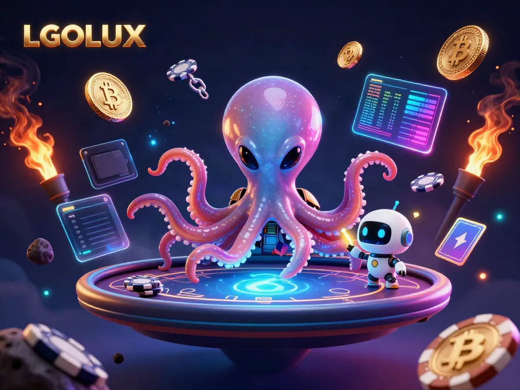 Engage with LGOLUX through this vibrant scene of an alien octopus playing poker under colorful cosmic lights.