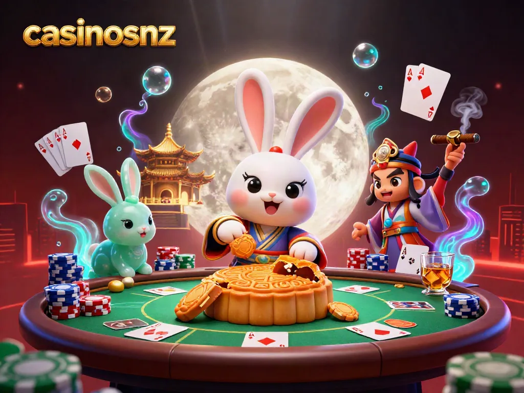 Experience the vibrant world of casinosnz with a dynamic illustration featuring poker chips and moon rabbits.