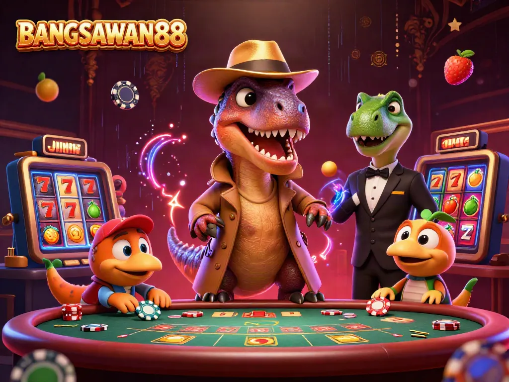 BANGSAWAN88 engaging in thrilling slot gameplay with cartoon dinosaurs in a vibrant casino scene.