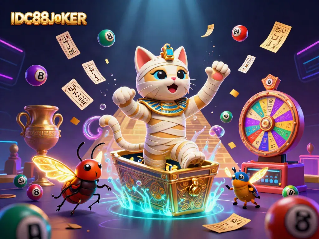 Engage with IDC88JOKER's exhilarating gambling scene featuring Egyptian characters, lottery elements, and vibrant casino magic.