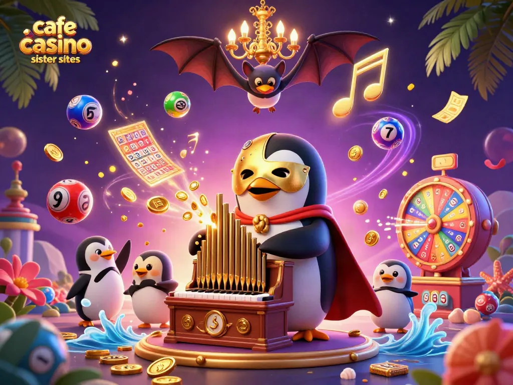 Experience the thrill with cafe casino sister sites, featuring a penguin playing an organ amidst vibrant casino games.