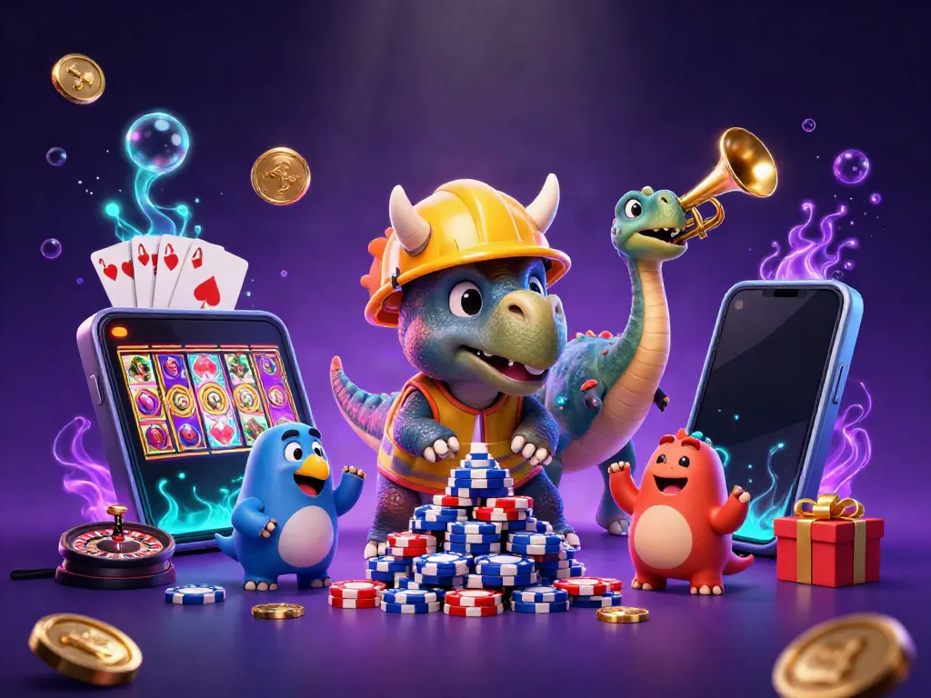 Engage with immersive gameplay at GK88 with a lively 3D depiction of a triceratops building poker chip pyramids.