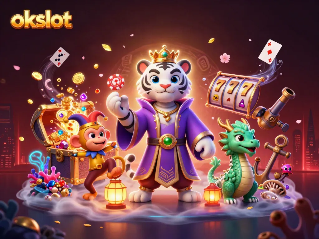 ภาพบรรยากาศคาสิโนออนไลน์ สัตว์แฟนตาซีกำลังสนุกกับการเล่นสล็อต okslot