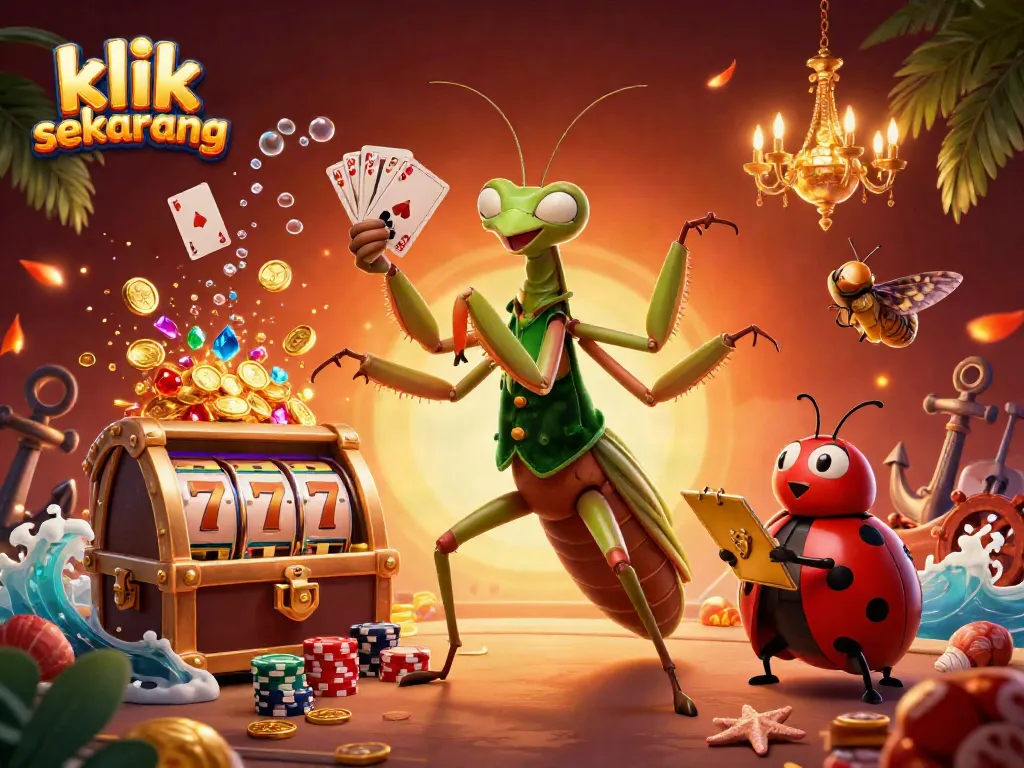 Menghadapi kemenangan di kasino dengan klik sekarang! Kartu, koin emas, dan suasana ceria.