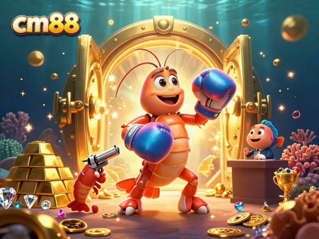 Engage in the thrilling cm88 gaming experience with a lively underwater casino scene showcasing colorful shrimp and riches.