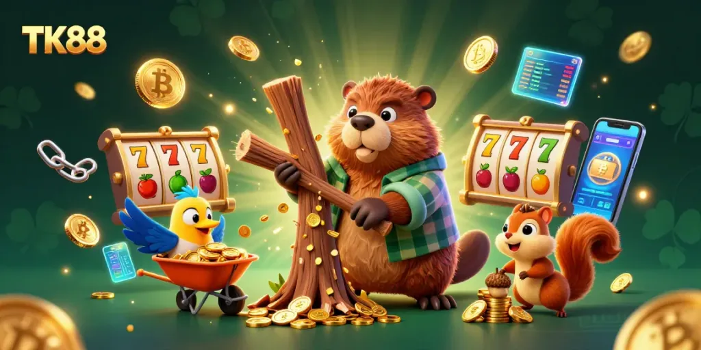 Win big with TK88 in this vibrant casino scene featuring lucky symbols and characters.