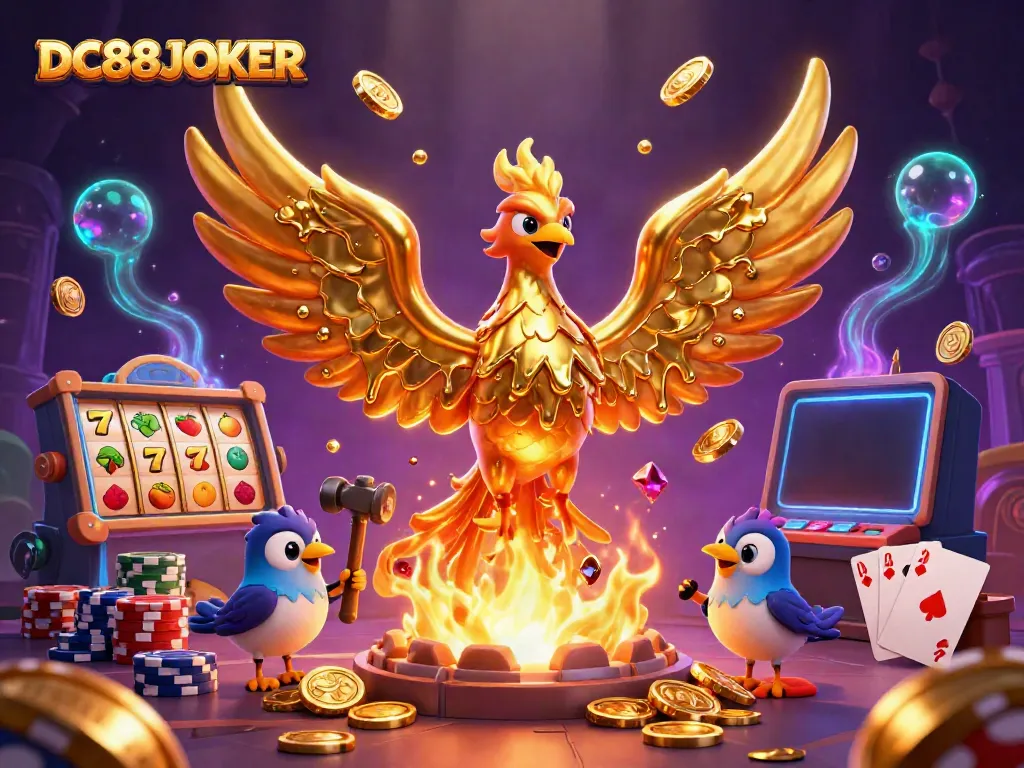 Experience the thrill of DC88JOKER with a vibrant 3D phoenix and casino elements.