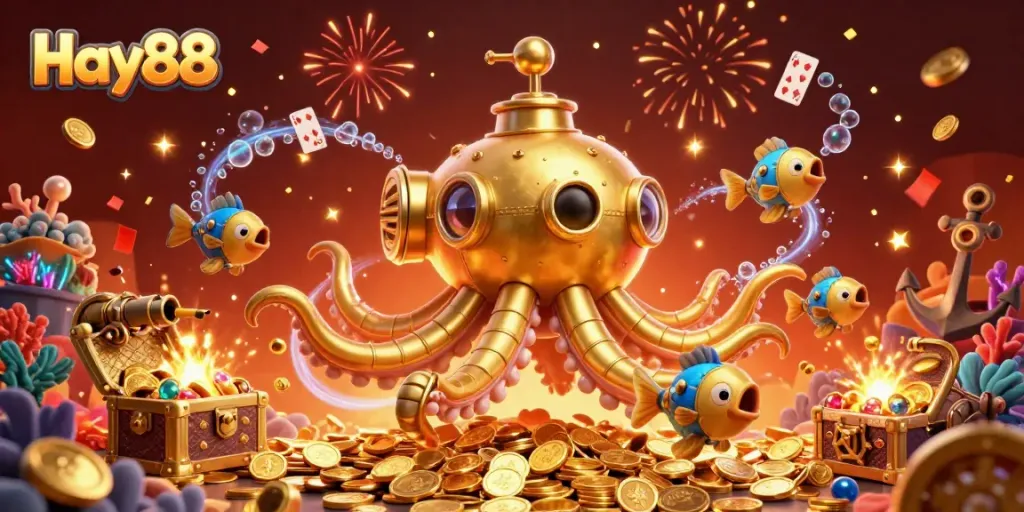 Gain excitement with Hay88’s 3D kraken submarine surfacing through gold coins in this vibrant casino scene.