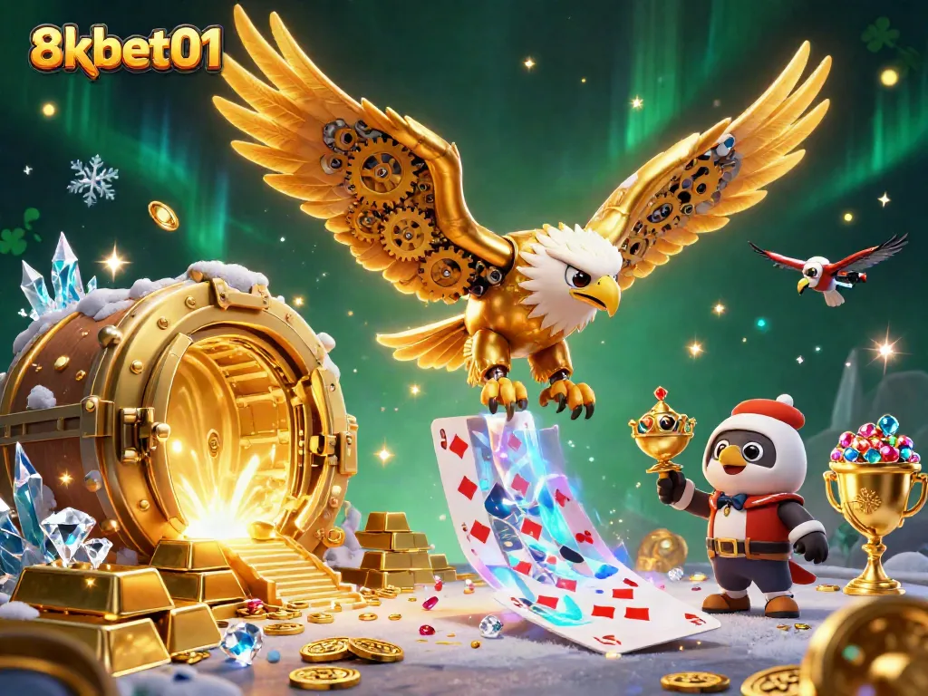 Experience the thrill at 8xbet01 with golden treasures and card games in a vibrant scene.