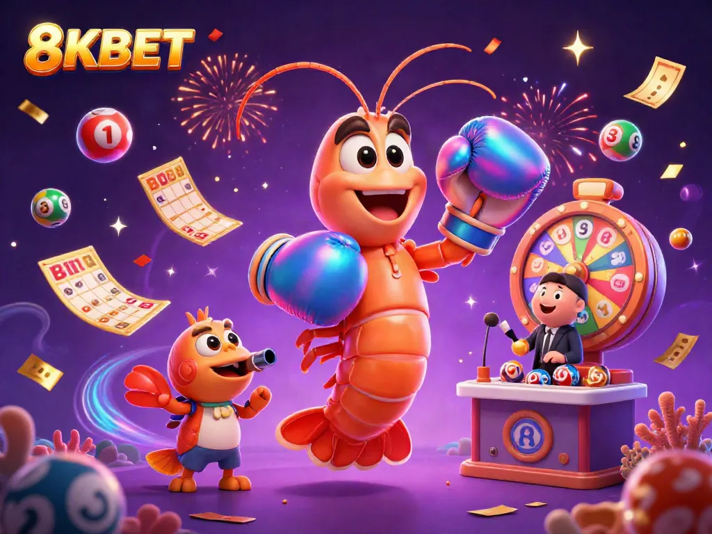 Engaging 8KBET illustration featuring vibrant lottery elements and dynamic marine characters for the online gambling scene.