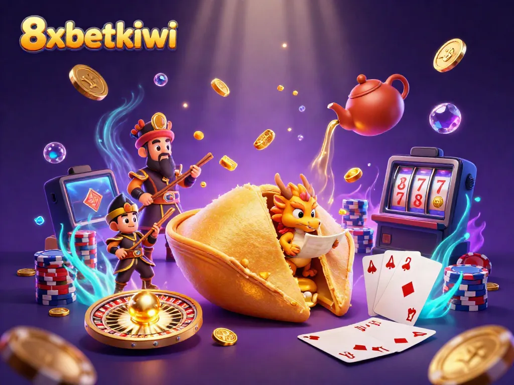Engage with 8xbetkiwi's vibrant casino scene showcasing a dragon in a golden fortune cookie.