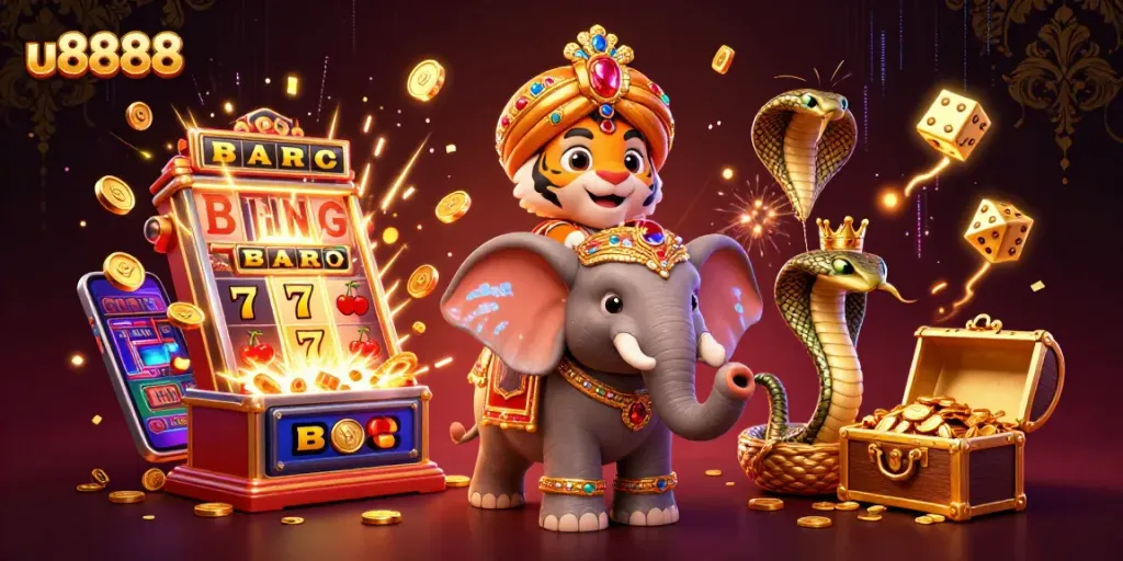 Engage in thrilling gameplay at u8888 with vibrant casino elements, including a jackpot slot machine and energetic characters.