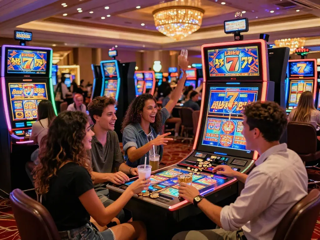 Friends celebrating while playing Lucky777 slots in a vibrant casino setting.