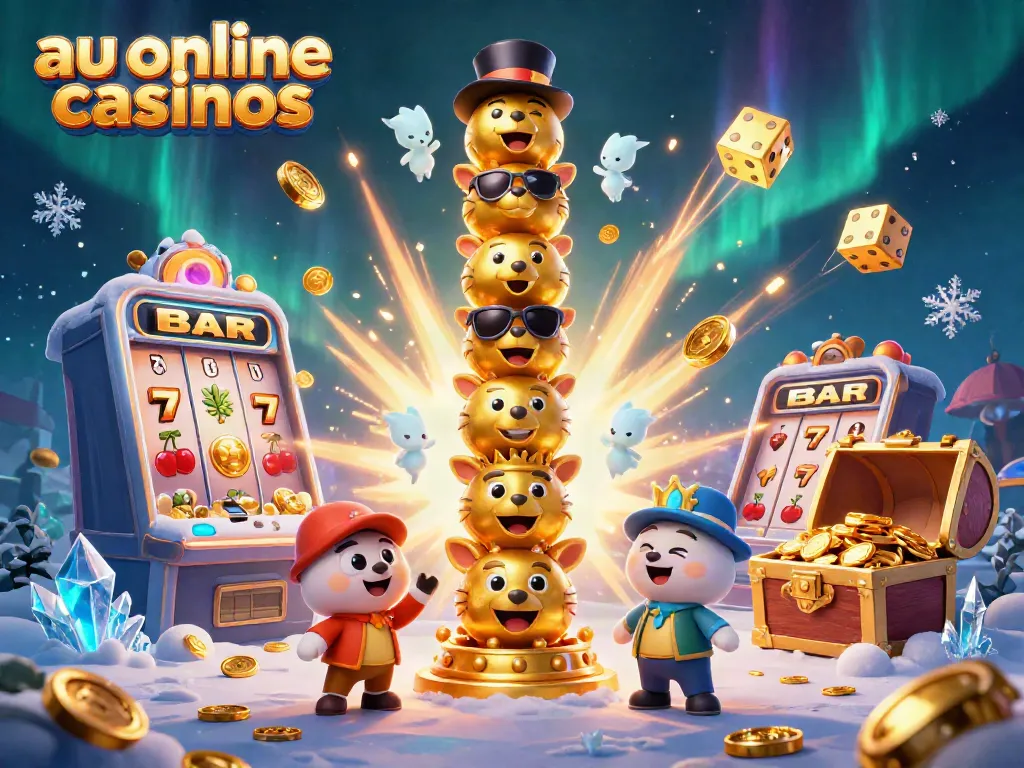 Experience the excitement of au online casinos with a 3D totem pole and bursting slot machines in a vibrant scene.