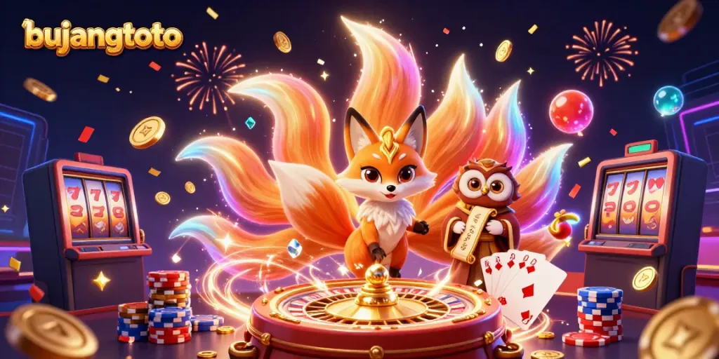 Experience exciting gameplay with bujangtoto's vibrant 3D illustration showcasing animated characters and winning casino elements.