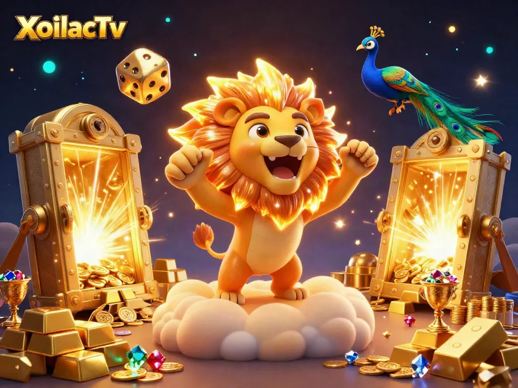 Experience thrilling wins with XoilacTv as the roaring sun lion stands proudly amidst golden treasures and vibrant casino elements.