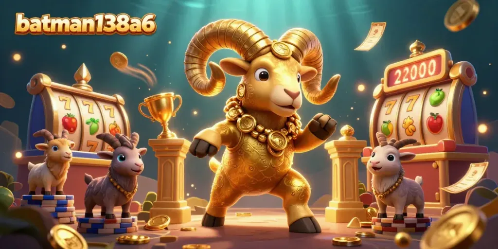 Engage in thrilling gameplay at batman138a6 with a golden ram and slot reels amid festive gaming elements.