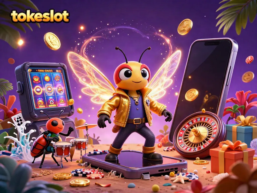 Tokeslot's exciting casino-themed 3D illustration with vibrant characters and dynamic gaming elements.
