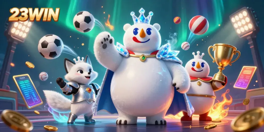 Experience the thrill of 23WIN with a captivating 3D polar bear and fox in a vibrant casino scene.