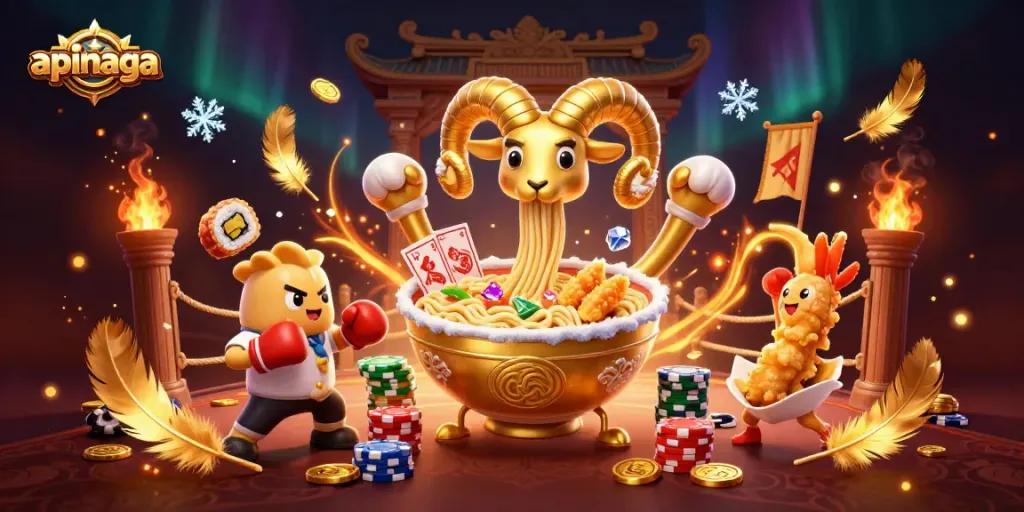 Engage in thrilling action with apinaga's vibrant casino scene featuring a golden ramen bowl dealer.