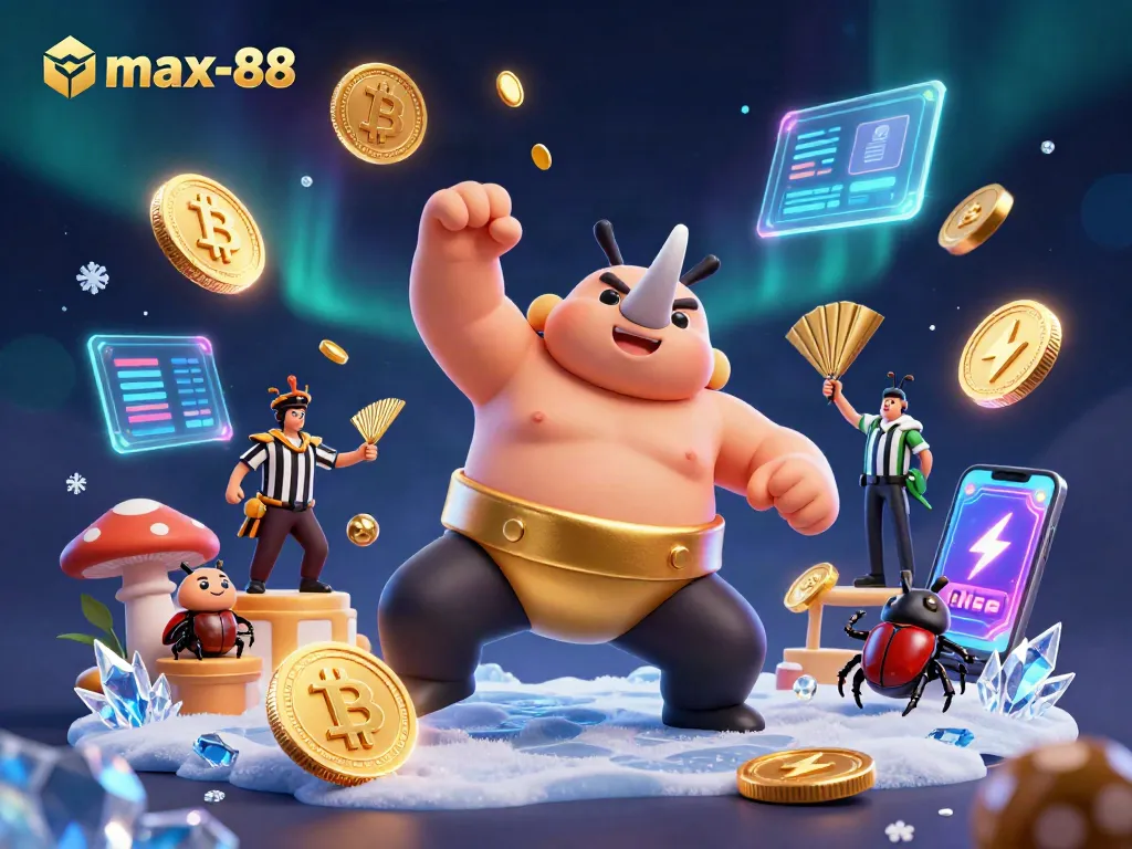 Experience thrilling wins with max-88's vibrant casino scene featuring a beetle champion and dynamic crypto elements.
