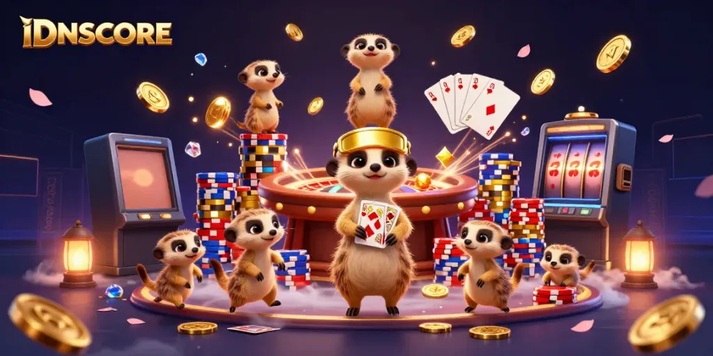 IDNSCORE gaming scene with playful meerkats managing casino operations for thrilling online experiences