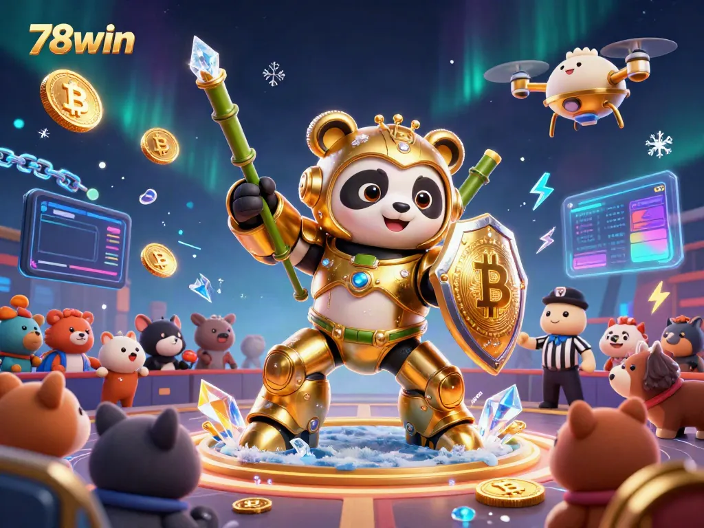 Engage with 78win's thrilling virtual arena featuring cartoon mech-suit panda and dynamic crypto elements.