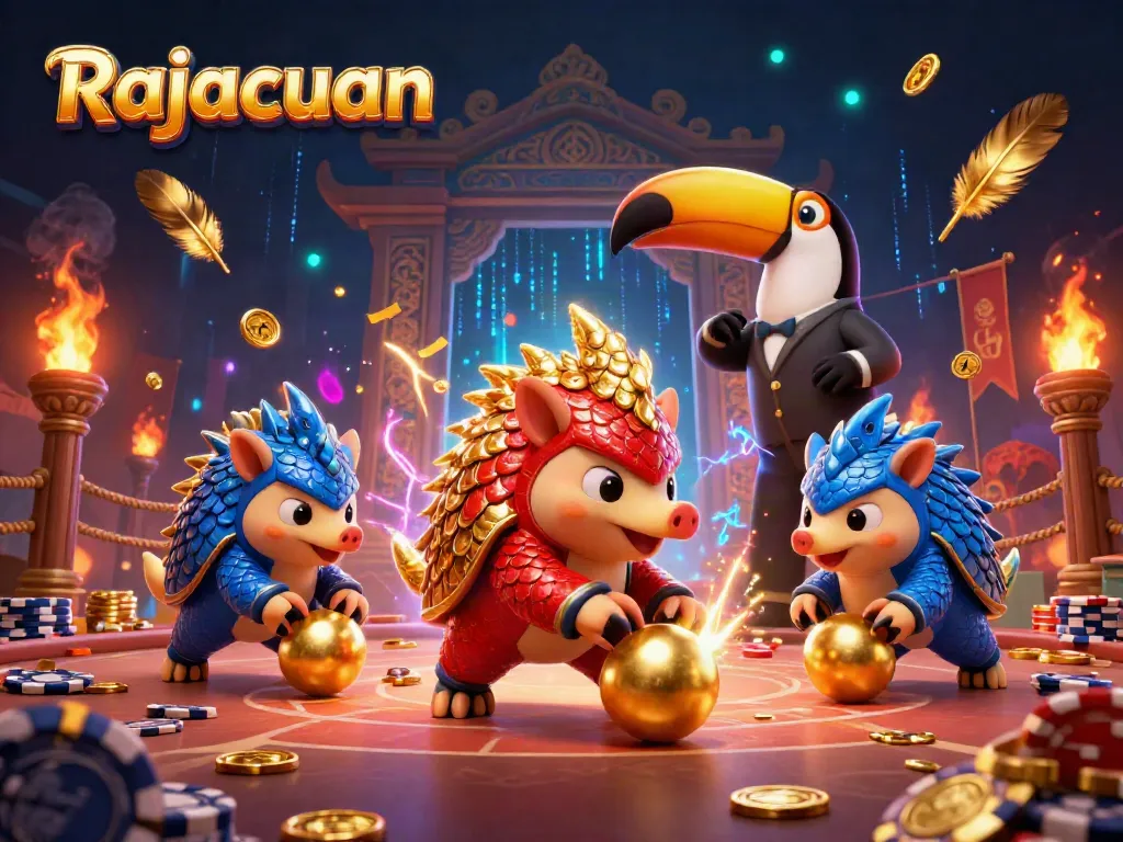 Pangolin merah dan biru berkompetisi di Rajacuan dengan dadu emas dan chip poker, disertai efek confetti.
