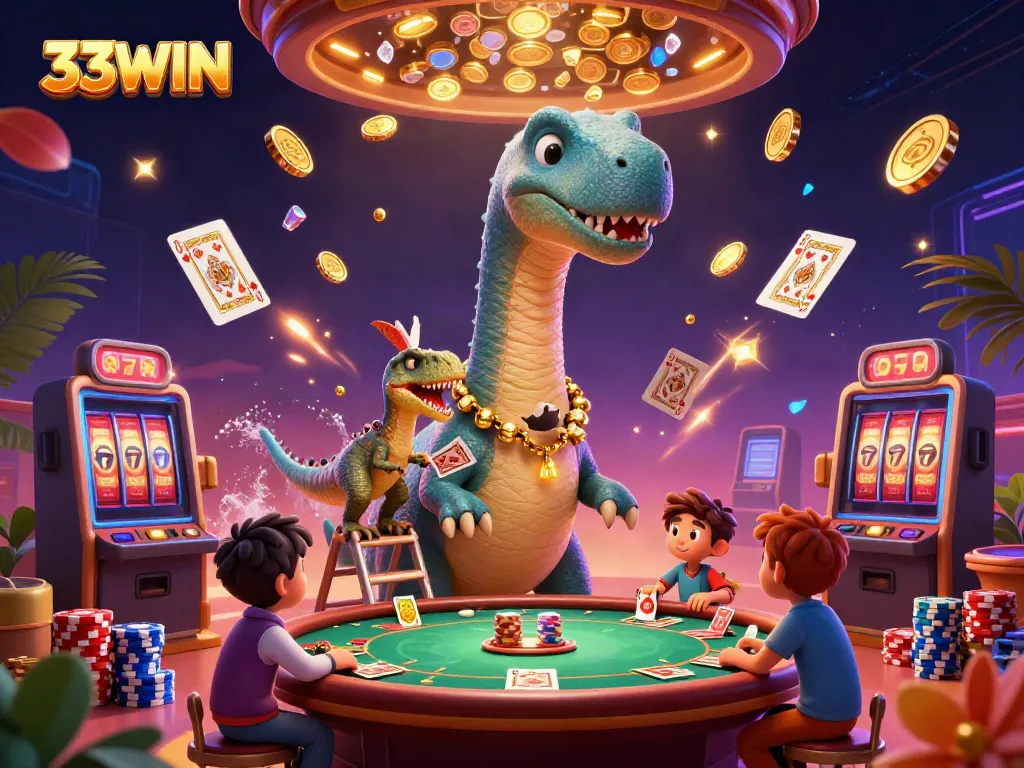 Experience the excitement of 33WIN with a whimsical casino scene featuring vibrant dinosaur characters and game elements.