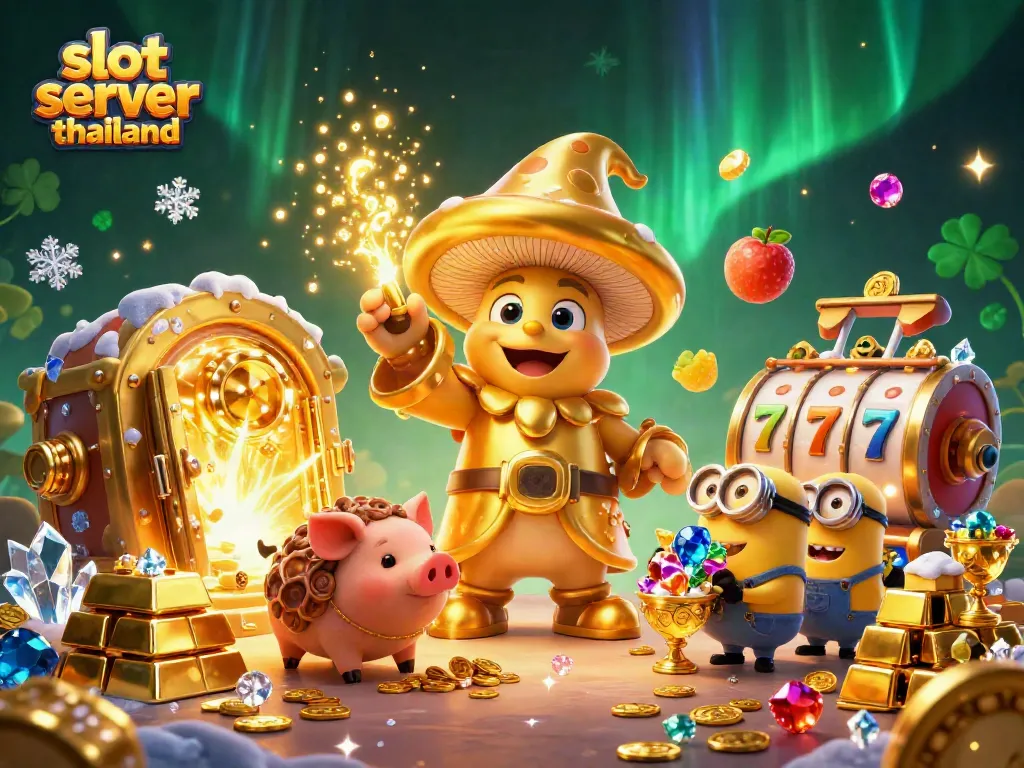Spin the reels with slot server thailand in a vibrant treasure-filled 3D casino illustration.