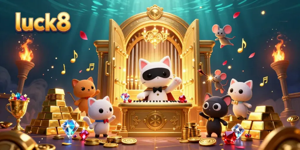 Experience luck8 in a vibrant casino scene with a whimsical phantom cat and treasures.