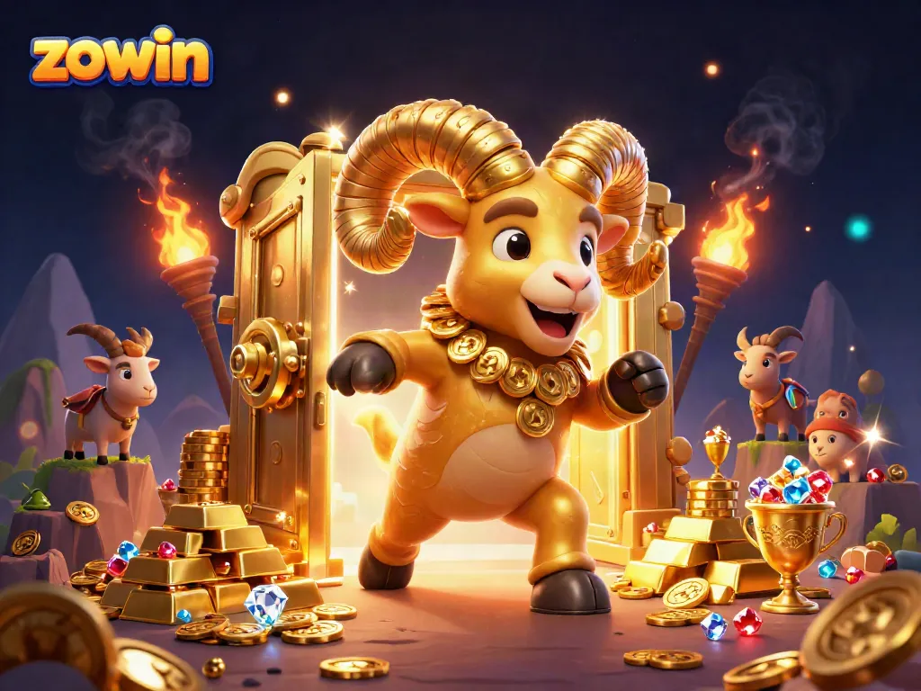 Zowin casino-themed illustration showcasing a golden ram charging through a treasure-filled gate.
