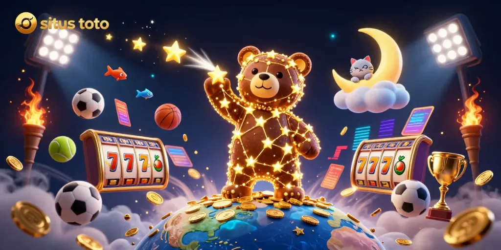 Situs toto gaming adventure with a constellation bear and sports elements in a vibrant, detailed scene.
