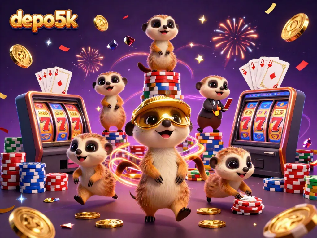 Experience the excitement of depo5k with a dynamic meerkat casino scene featuring spinning slots and winning cards.