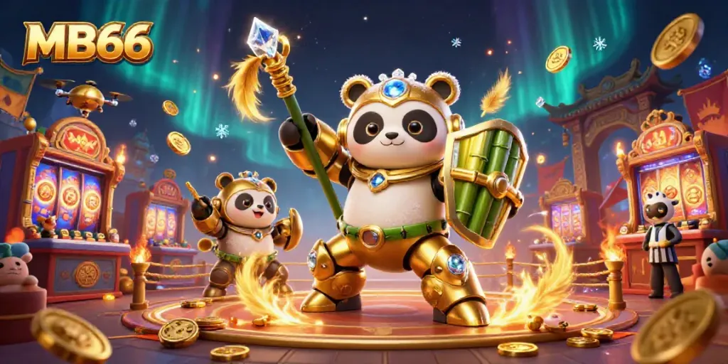 Experience exhilarating casino action with MB66 as a golden panda battles in a 3D arena filled with excitement.