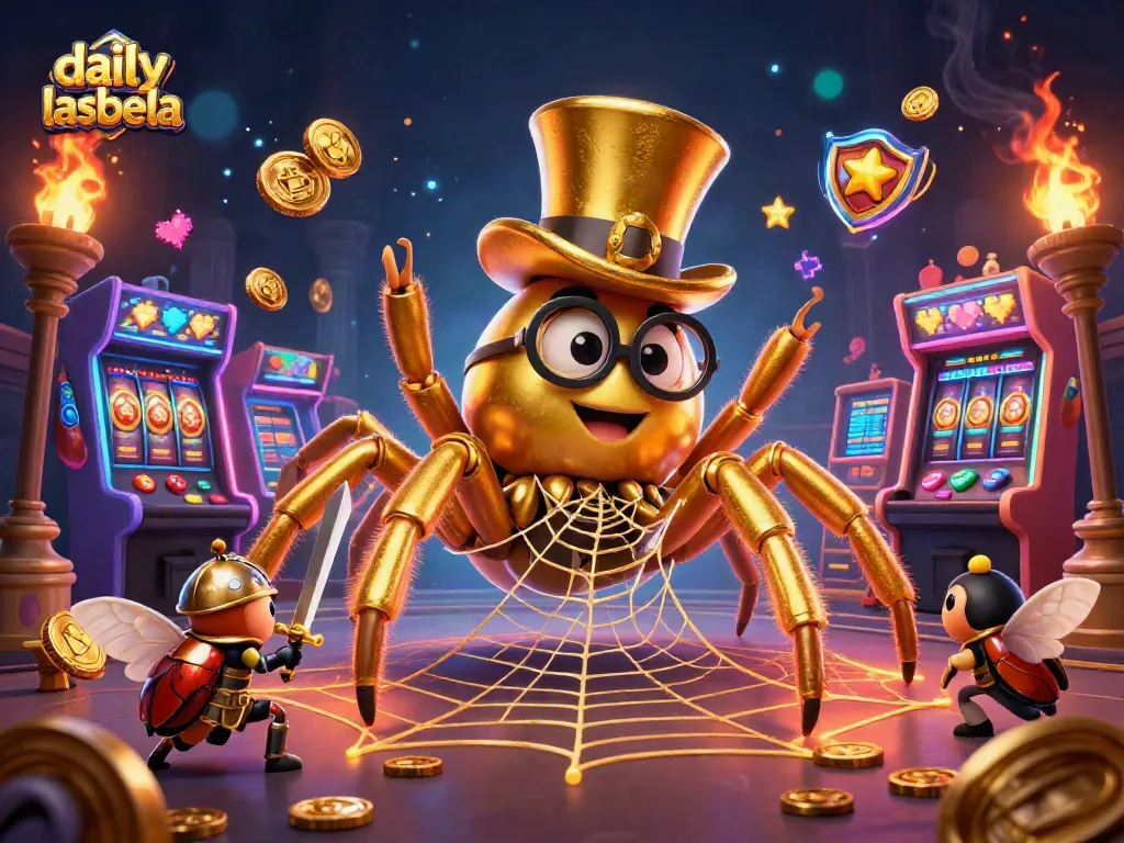 Play daily ak lasbela with a vibrant scene of a golden tarantula and gaming elements.