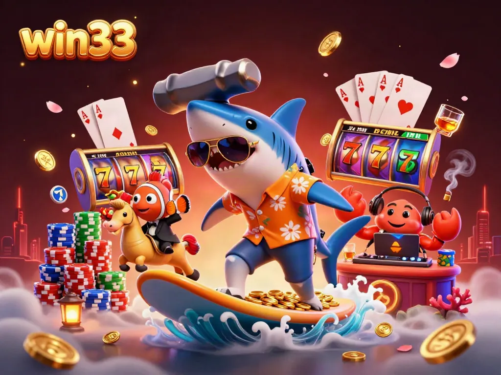 Surfing on gold coins, win33 showcases a 3D hammer-head shark and friends amidst vibrant gambling elements.