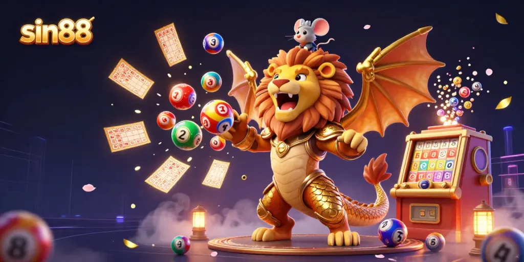 Experience thrilling wins at sin88 as a majestic chimera and mouse jockey celebrate amidst vibrant lottery elements.