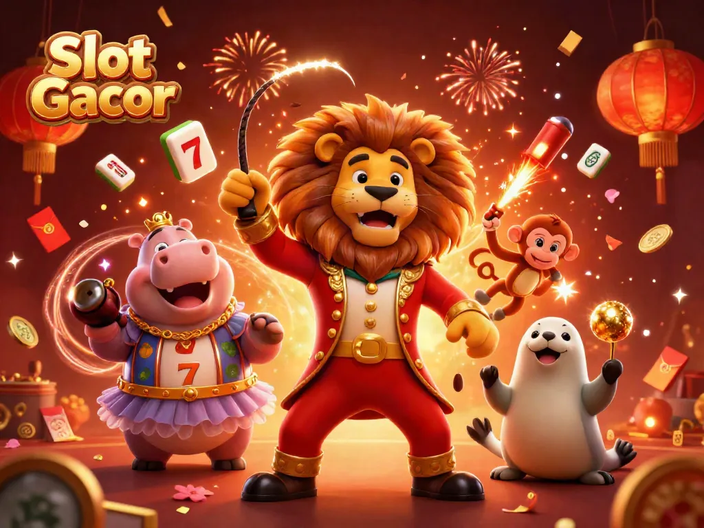 Experience the thrill of Slot Gacor with festive 3D characters at a vibrant casino scene full of action.